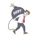 Loan Payment, Taxation Concept. Tired Businessman Character Carry Huge Round Bomb with Burning Fuse. Bank Debt