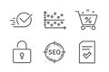 Loan percent, Checkbox and Seo icons set. Dot plot, Lock and Checked file signs. Shopping cart, Approved. Vector