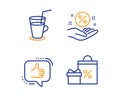 Loan percent, Like and Cocktail icons set. Shopping sign. Discount hand, Thumbs up, Fresh beverage. Vector