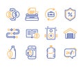 Loan percent, Typewriter and Cooler bottle icons set. Parking garage, Speakers and Mobile like signs. Vector