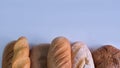 loaves of bread from the bakery on a light background. Variety of loaves, baguettes. Royalty Free Stock Photo