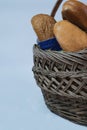 loaves of bread from the bakery in the store. Basket wicker with pastries. Royalty Free Stock Photo