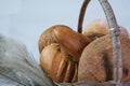 loaves of bread from the bakery in the store. Basket wicker with pastries. Royalty Free Stock Photo