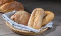 Loaves of bread in a basket on a kitchen table Royalty Free Stock Photo