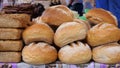 Loaves of fresh bread at farmers market Royalty Free Stock Photo