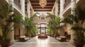 Lobby lobby of an architecturally luxurious tropical hotel. Style modern business interior. AI generated.