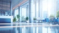 A lobby with blue chairs and a large window, empty hospital hallway. Royalty Free Stock Photo