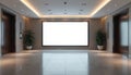 Lobby interior features blank screen mockup. Modern design boasts clean lines. Spacious hall with lighting. Elevators flank Royalty Free Stock Photo
