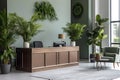 Lobby interior with stylish wooden receptionist desk