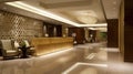 Lobby lobby of an architecturally luxurious tropical hotel. Style modern business interior. AI generated.