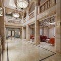 The lobby of a luxury hotel in Arabic style with high ceilings, columns and a reception desk with a seating and waiting area