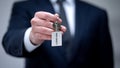 Lobbying word on keychain in businessman hand, illegal protection of interests Royalty Free Stock Photo