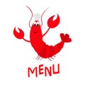 Lobster with claw. Chef hat. Cute cartoon character. Seafood menu sign symbol. Funny sea ocean animal. Baby collection. Flat desig Royalty Free Stock Photo