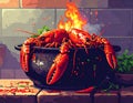 Lobster Cooking with Fire in a Black Pot on a Rustic Surface Royalty Free Stock Photo