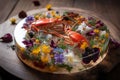 Lobster in a glass bowl with flowers on a wooden background, Generative AI