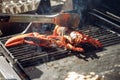 Lobster grilled barbecued seafood in BBQ Flames.