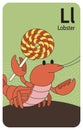 Lobster L letter. A-Z Alphabet collection with cute cartoon animals in 2D. Lobster standing and waving by a lollipop Royalty Free Stock Photo