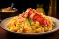 Lobster with macaroni and cheese on a plate on wooden table