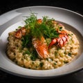 Lobster risotto close up. Delicous Lobster Risotto made from roasted lobster claws with parmesan and herbs, garnished with Royalty Free Stock Photo