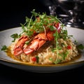 Lobster risotto close up. Delicous Lobster Risotto with parmesan and herbs, garnished with microgreens. Lobster restaurant dish. Royalty Free Stock Photo