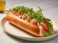 Lobster roll. Classic New England seafood sandwich. Lobster with lemon juice, mayo, butter, celery, scallions, dill, salt, pepper