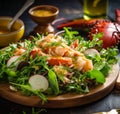 Lobster salad served on a wooden board with fresh arugula, radish, lettuce and topping on dark background. Crab meat salad close