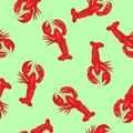 Lobster seamless pattern on a green background. Vector graphics