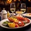 Lobster Thermidor. Grilled lobster stuffed with cream and cheese, served with a glass of white wine. Lobster restaurant dish.