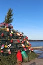 A lobster trap Christmas tree, an east coast tradition started in Nova Scotia Canada made of lobster traps and buoys. Royalty Free Stock Photo