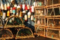 Lobster traps and colorful buoys Royalty Free Stock Photo