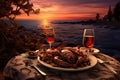 Lobster and wine on the beach at sunset in Montenegro, Dinner with seafood and red wine on the background of sea sunset, AI Royalty Free Stock Photo