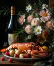 Lobster wine and flowers on table Royalty Free Stock Photo