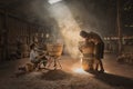 Local artisans crafting Thai-style dragon jars in factory at Ratchaburi, Thailand