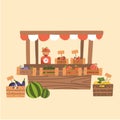 Local Autumn Products at Farmers Market. Organic Fruits, Vegetables at wooden market stall. Counter with scales. Flat vector