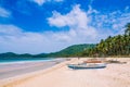 Local boats on wide Nacpan Beach on sunny day. El Nido, Palawan, Philippines Royalty Free Stock Photo