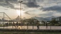 Local Brazilians cariocas play football overlooking Lagoa Rodrigo de Freitas, Rio de Janeiro, Brazil