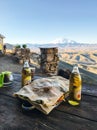 Local breakfast with a view of Mount Elbrus