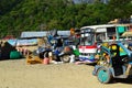 The local bus station. Loading and refueling jeepney. Royalty Free Stock Photo