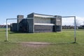 Local council sports pavilion and football goal Moreton Wirral May 2021