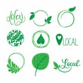 Local eco labels. Oganic green circle frames with leaves and branches, bio products stamps, ecology friendly emblem set support Royalty Free Stock Photo