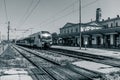 Local electric train of Slovenian Railways (SZ) at Ljubljana railway station, Slovenia. Black and white photo