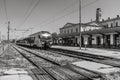 Local electric train of Slovenian Railways (SZ) at Ljubljana railway station, Slovenia. Black and white photo