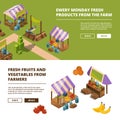 Local farm banners. Outdoor food marketplaces with vegetables meat fish fruits grocery store vector template