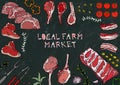 Local Farm Market. Meat Cuts - Beef, Pork, Lamb, Steak, Boneless Rump, Ribs Roast, Loin and Rib Chops. Tomato, Olives, Bell Pepper