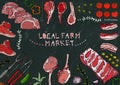 Local Farm Market. Meat Cuts - Beef, Pork, Lamb, Steak, Boneless Rump, Ribs Roast, Loin and Rib Chops. Tomato, Olives, Bell Pepper