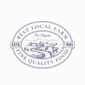 Local Farm Products Retro Frame Badge or Logo Template. Hand Drawn Rural Farm Landscape Sketch with Grazing Cows, Retro