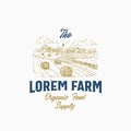 Local Farm Retro Badge or Logo Template. Hand Drawn Rural Farm Landscape Sketch with Windmill, Haystack with Typography