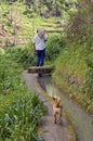 Local farmer walks along an irrigation canal