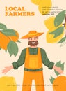 Local farmers banner design for autumn harvest market. Happy smiling farmer and ripe sweet citruses.