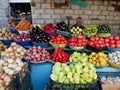Local farmers market with various colorful fresh fruits and vegetables. Telavi, Georgia, 27.07.2022. Royalty Free Stock Photo